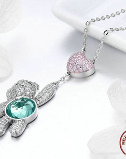 Pink CZ Heart And Cute Bear Animal Pendant Necklaces