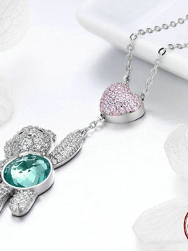 Pink CZ Heart And Cute Bear Animal Pendant Necklaces