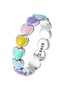 925 Sterling Silver Rainbow Heart Finger Ring Stackable Silver Ring